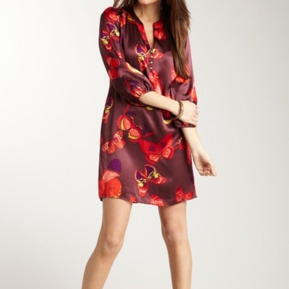 Amour Vert Red Dalila Silk Butterfly Print Tunic Shift Mini Dress M - Picture 1 of 11